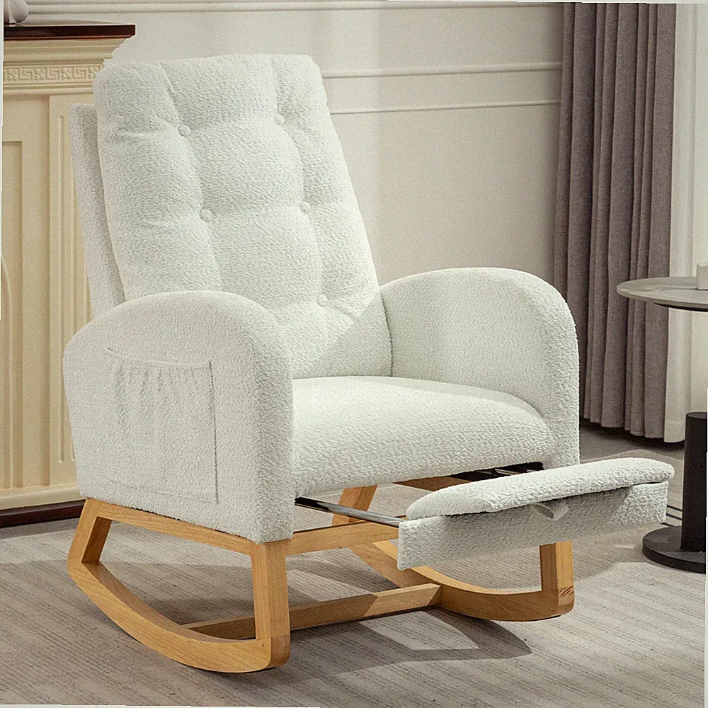 Accent Rocking Chair with Footrest High Back Rubber Wood Rocking Legs Bedroom
