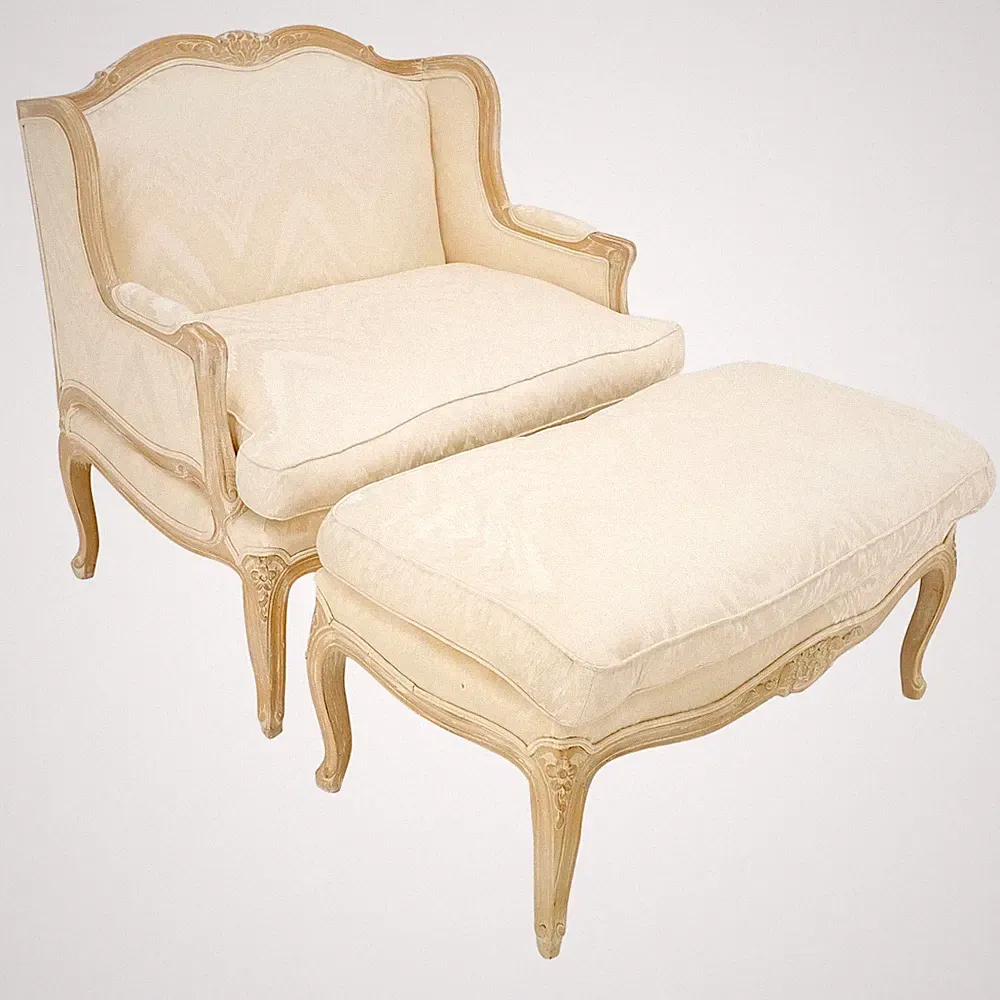 Extra Wide Country French Lounge Chair W/ Matching Ottoman Beige Upholstery Mint