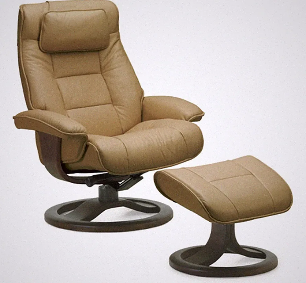 Fjords Mustang Small Recliner Comfort Chair Sandel Leather Espresso Wood Stain