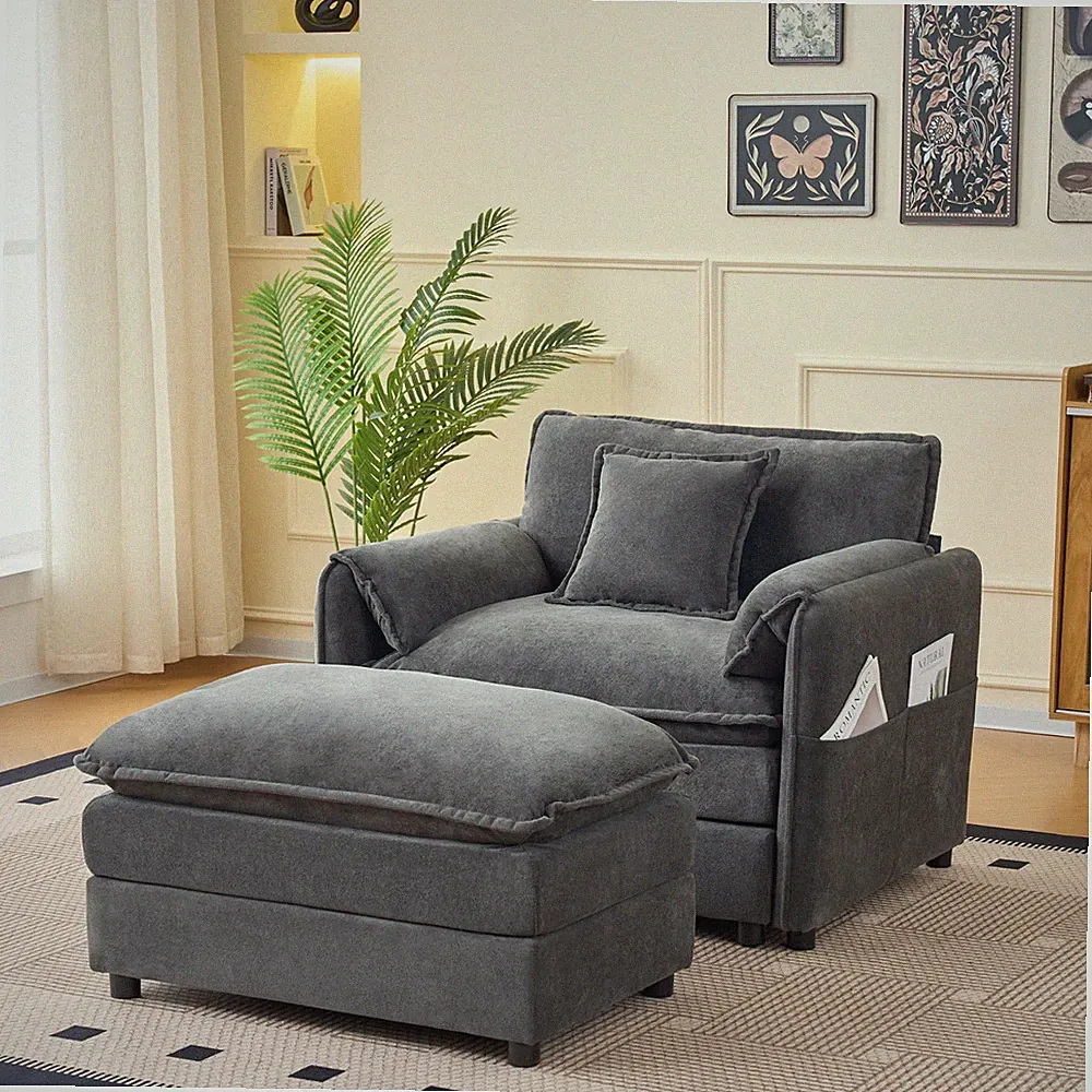 Grey Oversized 57.48" Recliner Chair Movable Ottoman Soft Chenille Upholstered