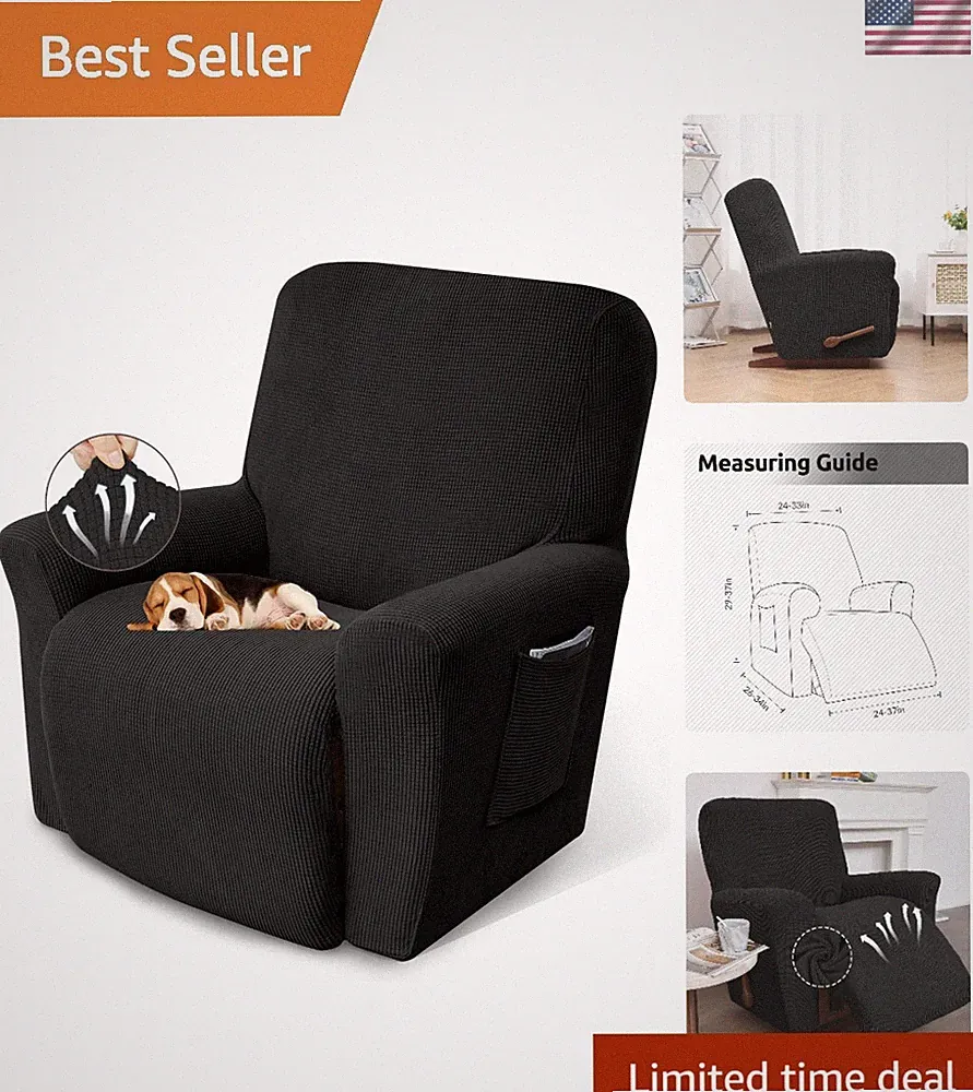 Luxury Black Recliner Chair Cover - Stretchable Slipcover with Easy Care Fabric