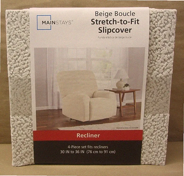 Mainstays Boucle Stretch-to-Fit Fabric Recliner Slipcover, 4-Piece, Beige Boucle