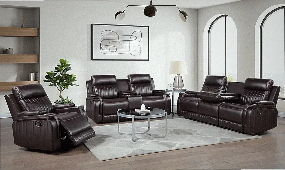 NEW 3PC Brown Sofa Loveseat Chair 5-Recliner Leather-Air Modern Living Room Set