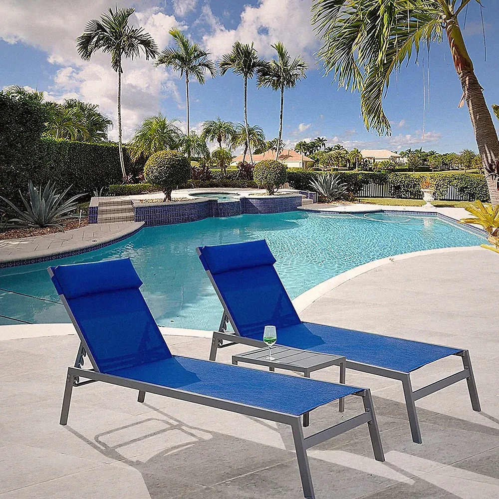 Patio Chaise Lounge Set of 3 Adjustable Steel Textilene Pool Lounge Chairs Blue